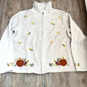 Holiday Lodge Jacket Fleece Fall Women's L Cream White Pumpkins 90s Cottagecore